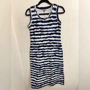 T By Talbots Women’s Blue White Wave Stripe Tye Dye Sleeveless Midi Dress Sz P